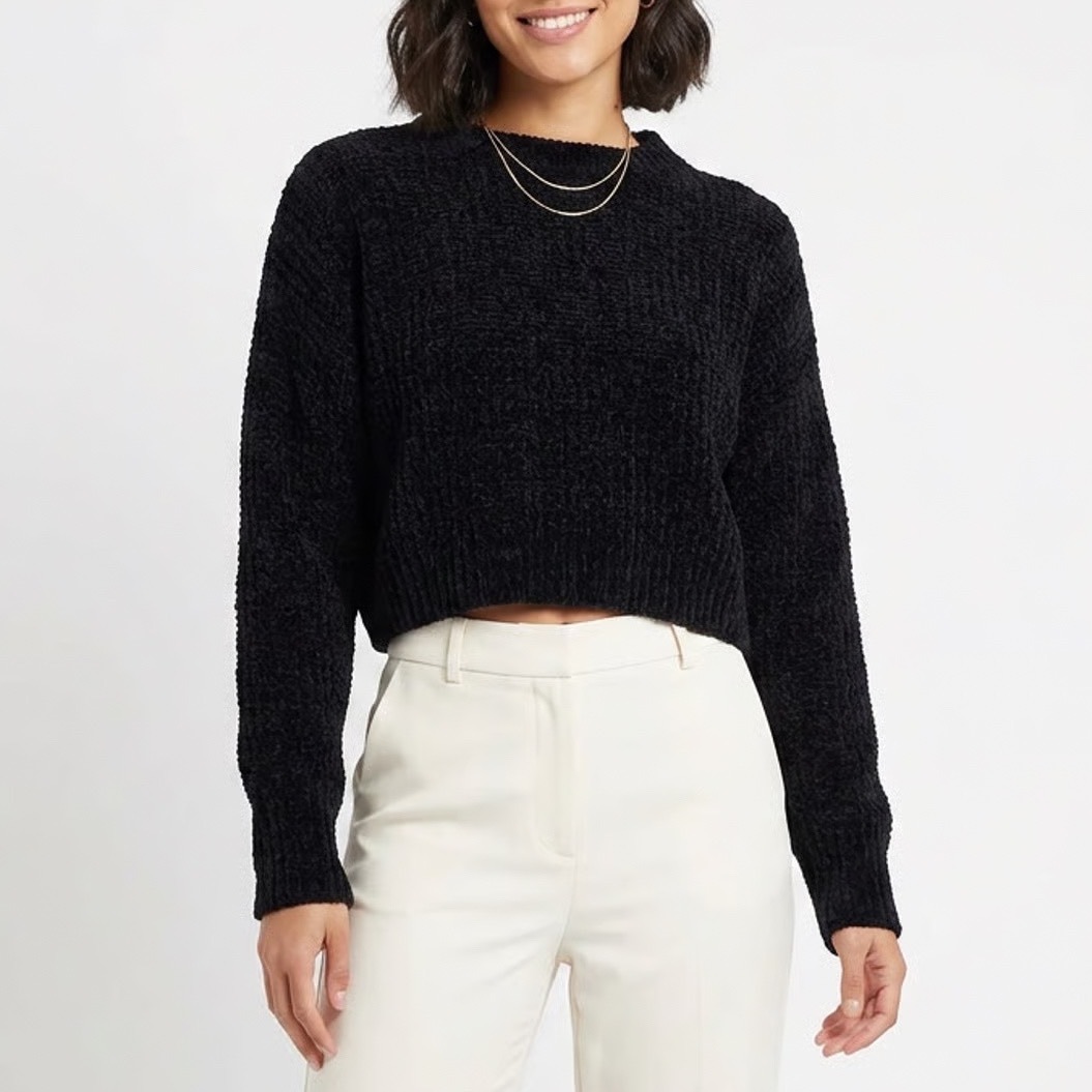 Double Zero Black Popcorn Knit Cropped Sweater Crew Neck Dz20h913 Medium
